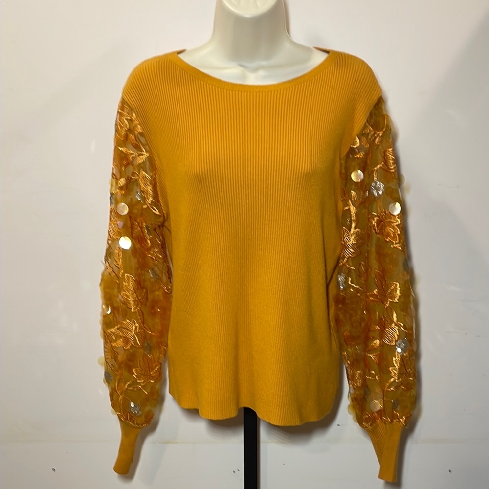Sioni Mustard Yellow Top with Sheer Floral Embellished Sleeves